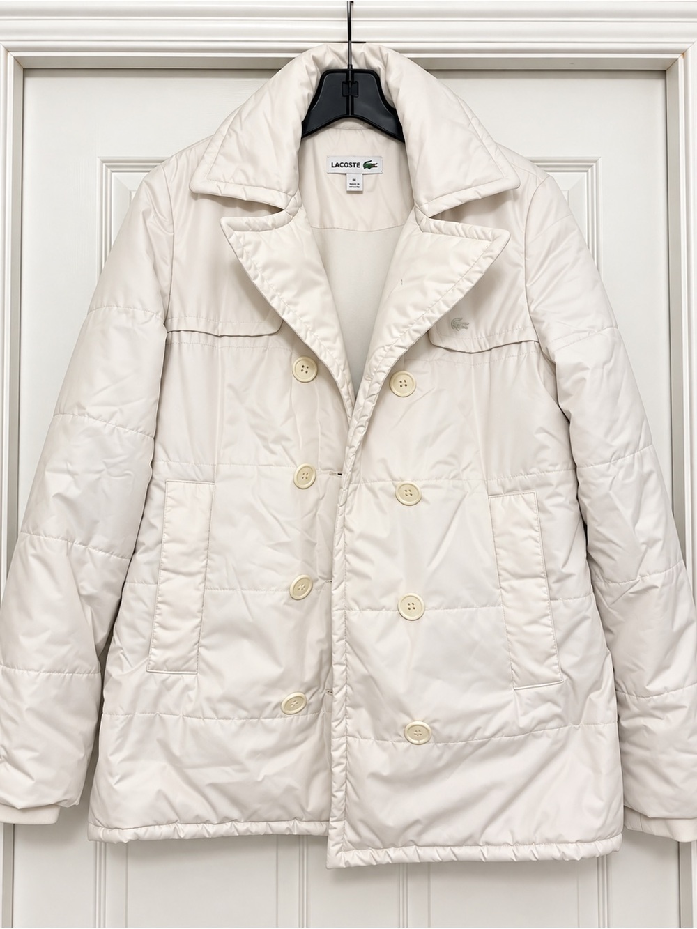 Lacoste Soft Ivory Quilted Double-Breasted Puffer Coat
